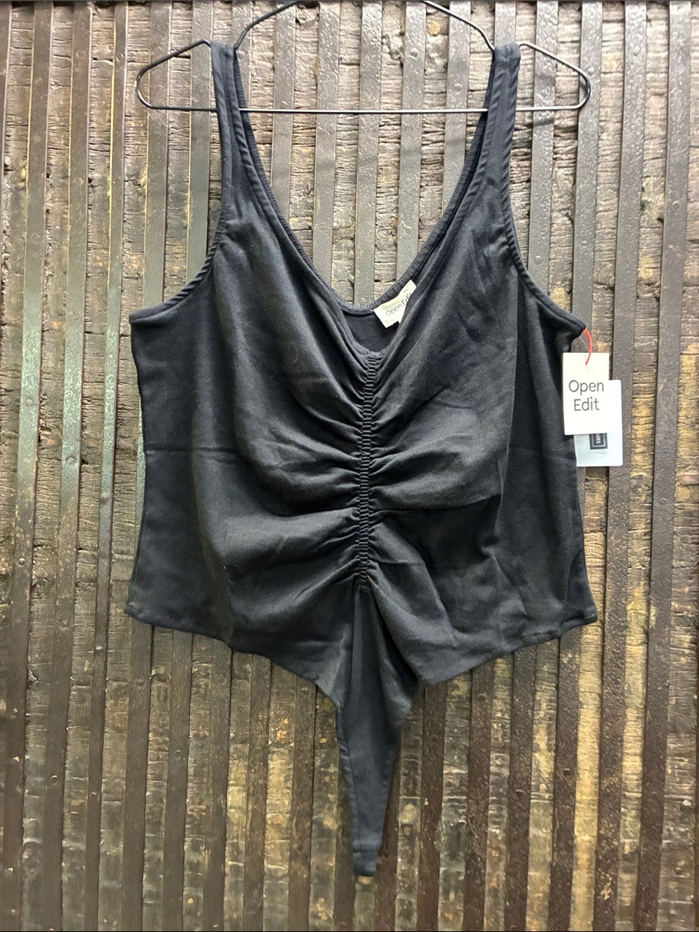 Open Edit Black Ruched Front Sleeveless Bodysuit
